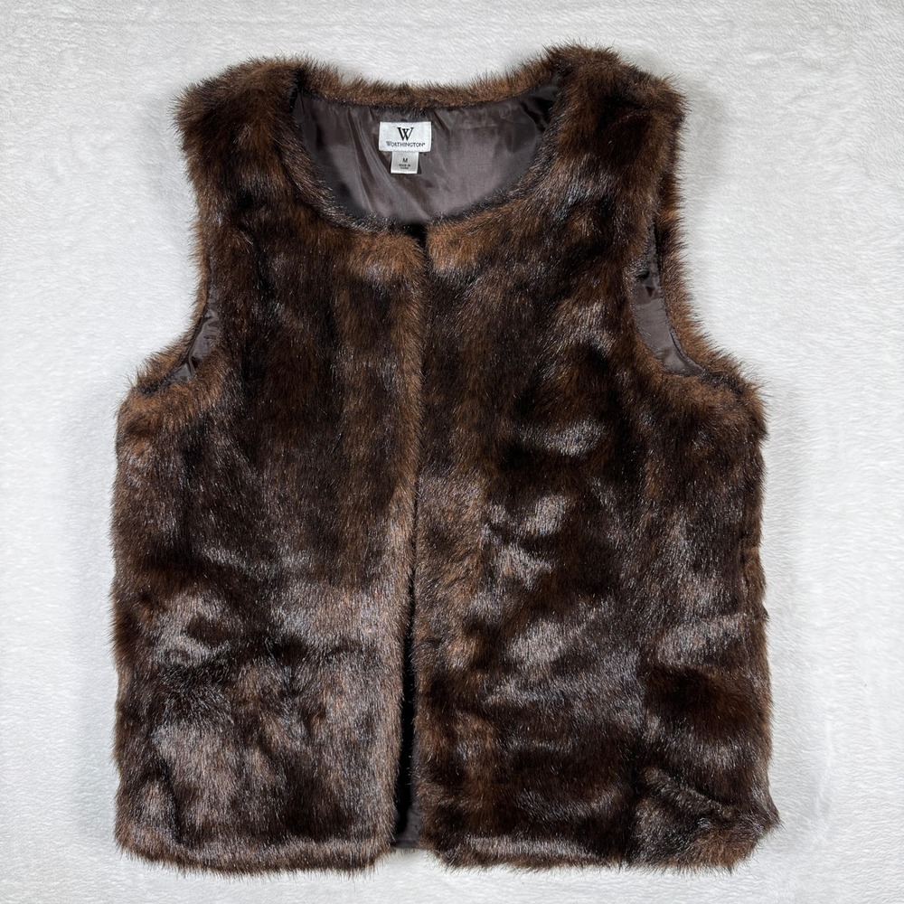 Worthington Faux Fur Vest Women's Size Medium Brown Sleeveless Jacket‎